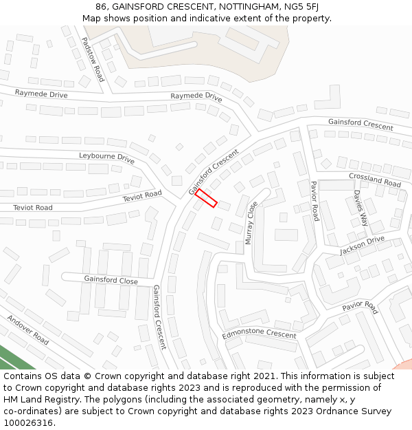 86, GAINSFORD CRESCENT, NOTTINGHAM, NG5 5FJ: Location map and indicative extent of plot