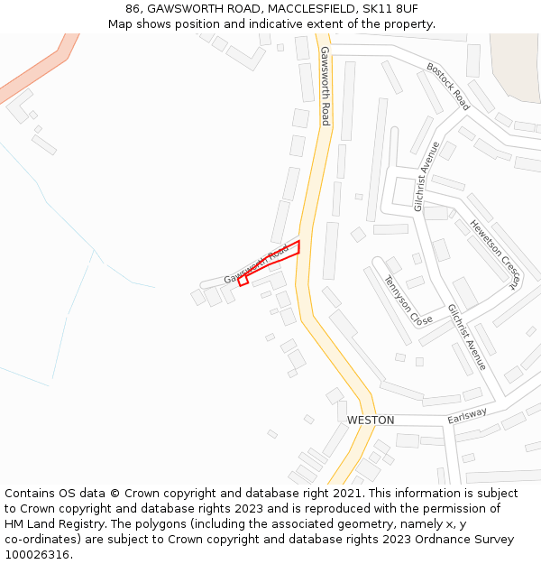 86, GAWSWORTH ROAD, MACCLESFIELD, SK11 8UF: Location map and indicative extent of plot