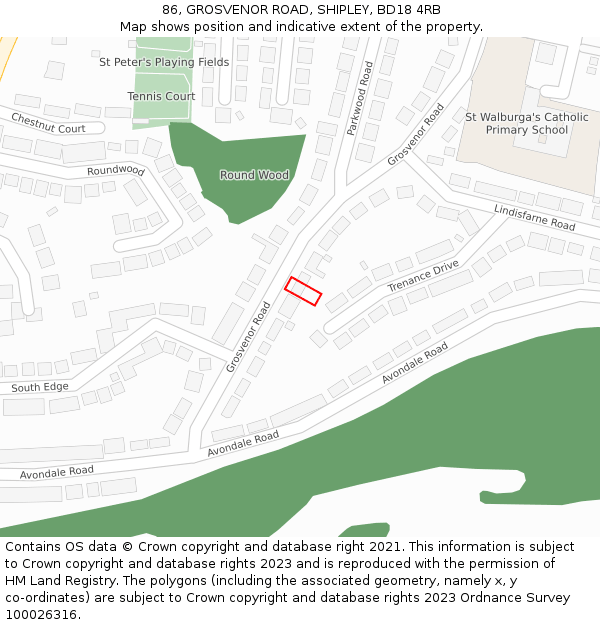 86, GROSVENOR ROAD, SHIPLEY, BD18 4RB: Location map and indicative extent of plot
