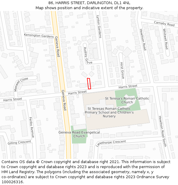 86, HARRIS STREET, DARLINGTON, DL1 4NL: Location map and indicative extent of plot