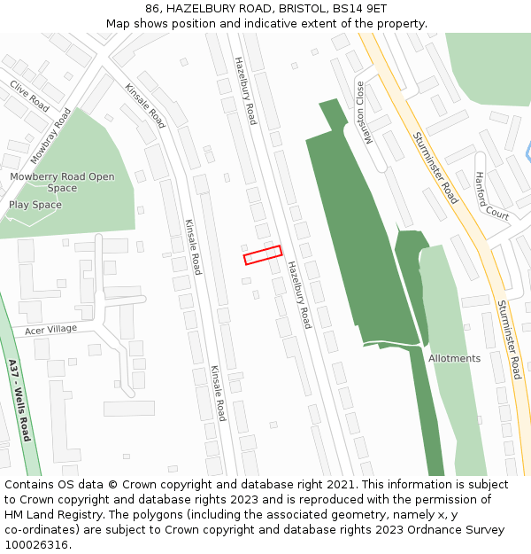 86, HAZELBURY ROAD, BRISTOL, BS14 9ET: Location map and indicative extent of plot