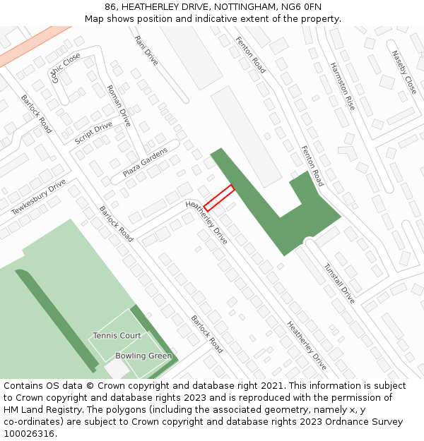 86, HEATHERLEY DRIVE, NOTTINGHAM, NG6 0FN: Location map and indicative extent of plot