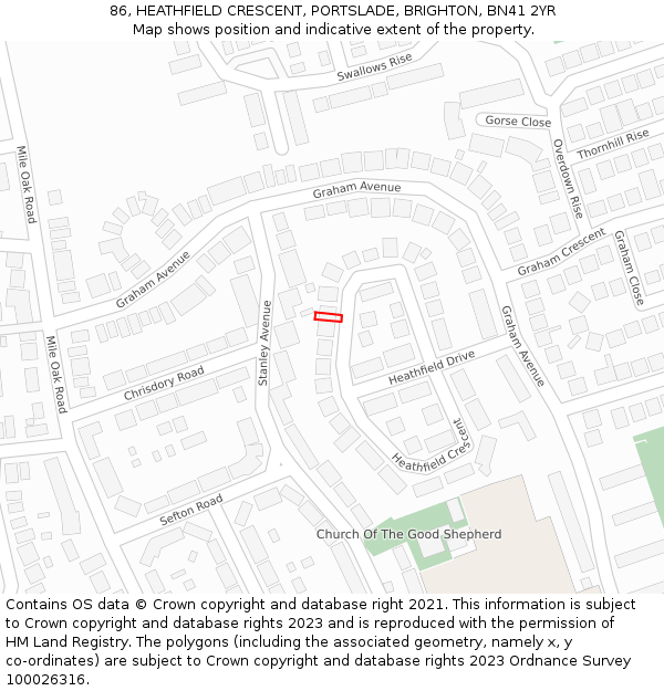 86, HEATHFIELD CRESCENT, PORTSLADE, BRIGHTON, BN41 2YR: Location map and indicative extent of plot