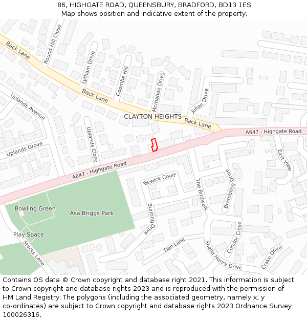 86, HIGHGATE ROAD, QUEENSBURY, BRADFORD, BD13 1ES: Location map and indicative extent of plot