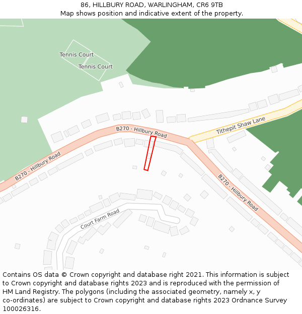 86, HILLBURY ROAD, WARLINGHAM, CR6 9TB: Location map and indicative extent of plot