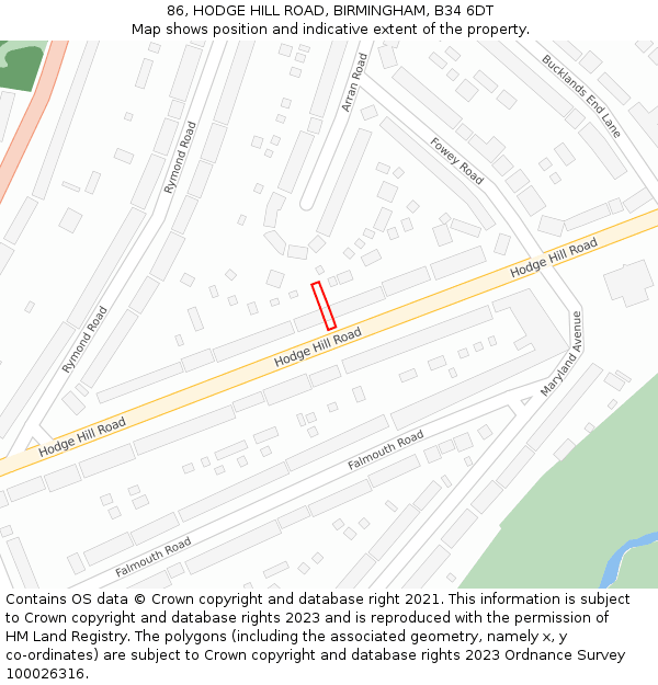 86, HODGE HILL ROAD, BIRMINGHAM, B34 6DT: Location map and indicative extent of plot