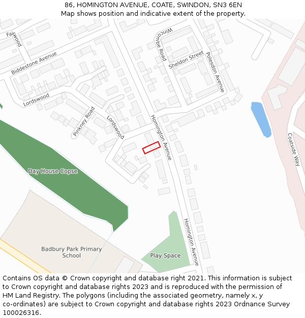 86, HOMINGTON AVENUE, COATE, SWINDON, SN3 6EN: Location map and indicative extent of plot