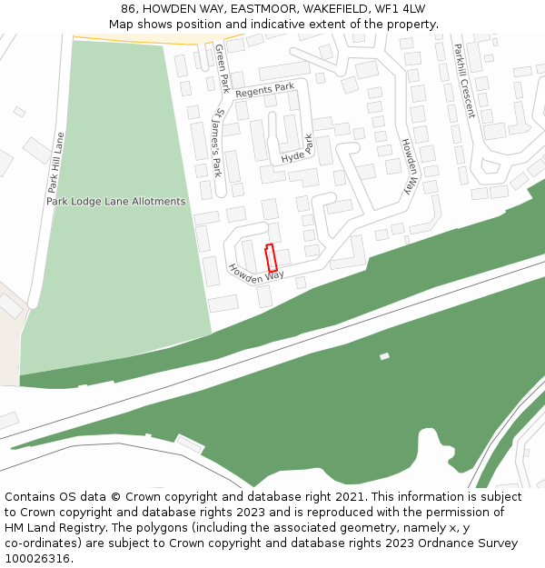 86, HOWDEN WAY, EASTMOOR, WAKEFIELD, WF1 4LW: Location map and indicative extent of plot