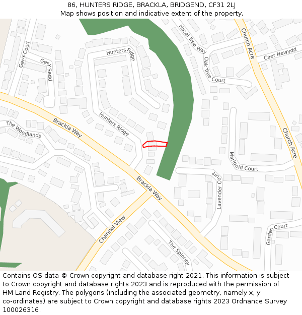 86, HUNTERS RIDGE, BRACKLA, BRIDGEND, CF31 2LJ: Location map and indicative extent of plot