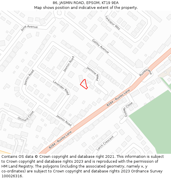 86, JASMIN ROAD, EPSOM, KT19 9EA: Location map and indicative extent of plot