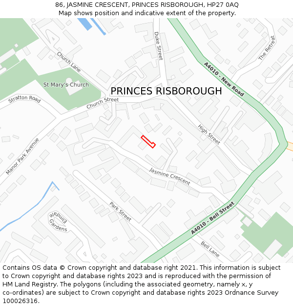 86, JASMINE CRESCENT, PRINCES RISBOROUGH, HP27 0AQ: Location map and indicative extent of plot