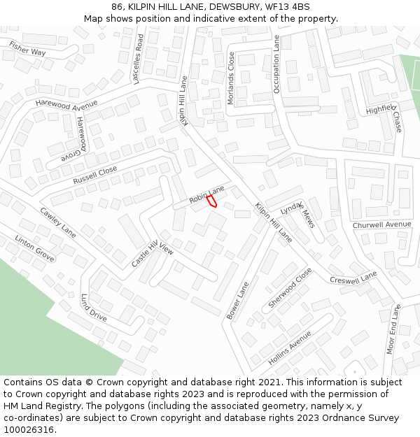 86, KILPIN HILL LANE, DEWSBURY, WF13 4BS: Location map and indicative extent of plot
