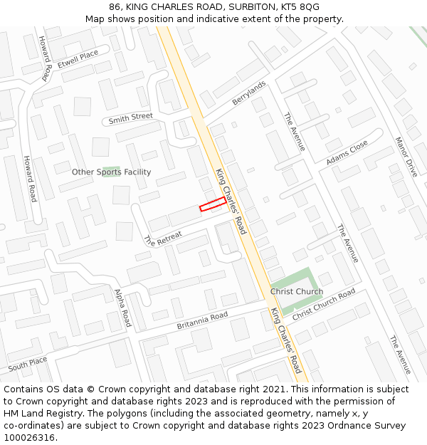 86, KING CHARLES ROAD, SURBITON, KT5 8QG: Location map and indicative extent of plot