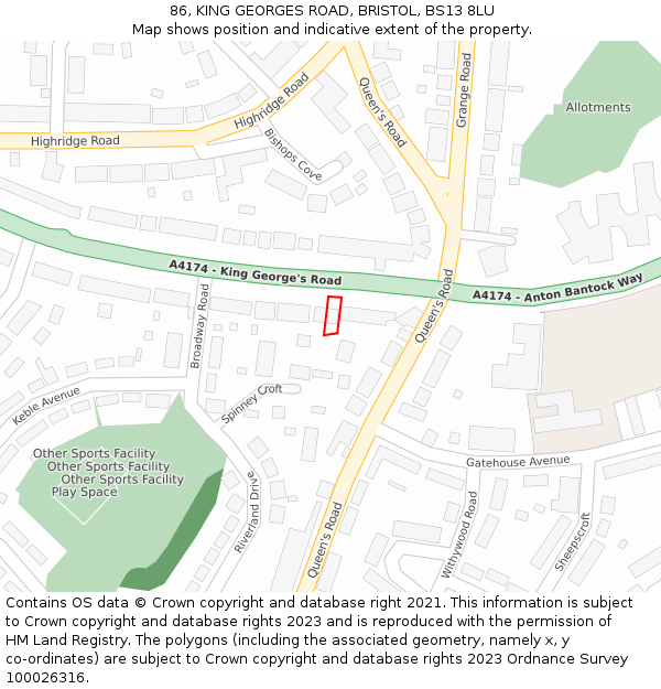 86, KING GEORGES ROAD, BRISTOL, BS13 8LU: Location map and indicative extent of plot