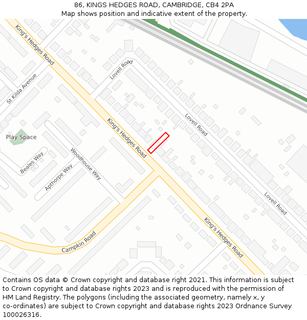 86, KINGS HEDGES ROAD, CAMBRIDGE, CB4 2PA: Location map and indicative extent of plot