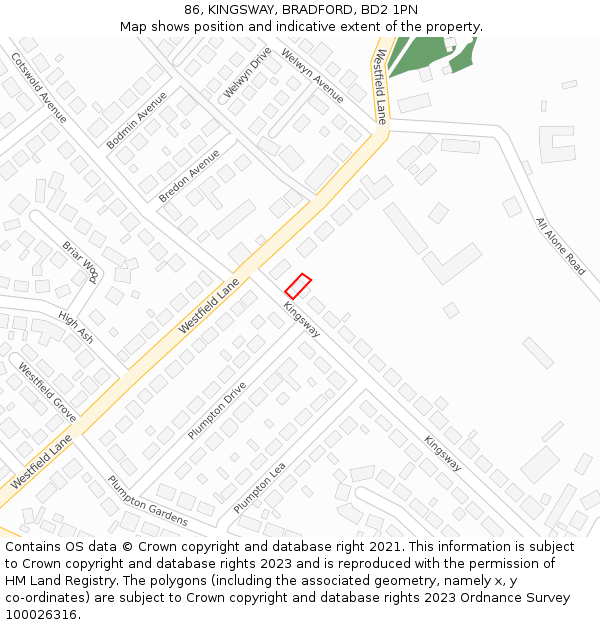 86, KINGSWAY, BRADFORD, BD2 1PN: Location map and indicative extent of plot