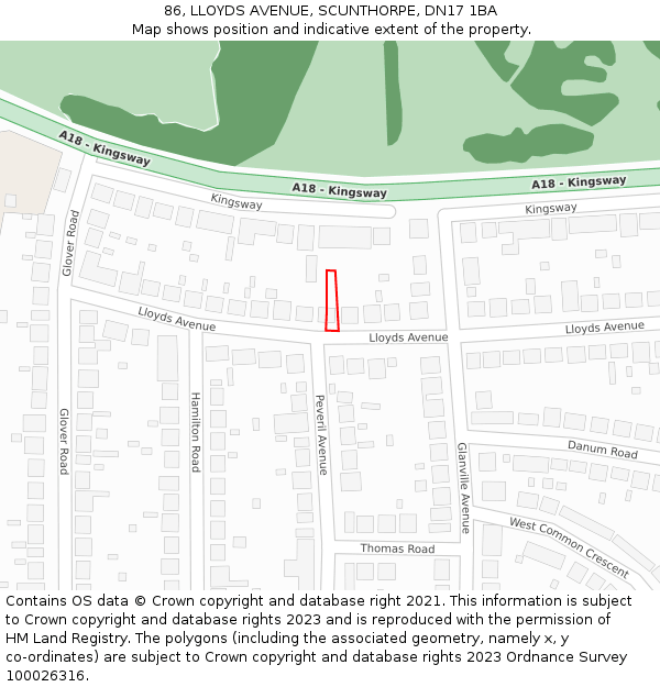 86, LLOYDS AVENUE, SCUNTHORPE, DN17 1BA: Location map and indicative extent of plot
