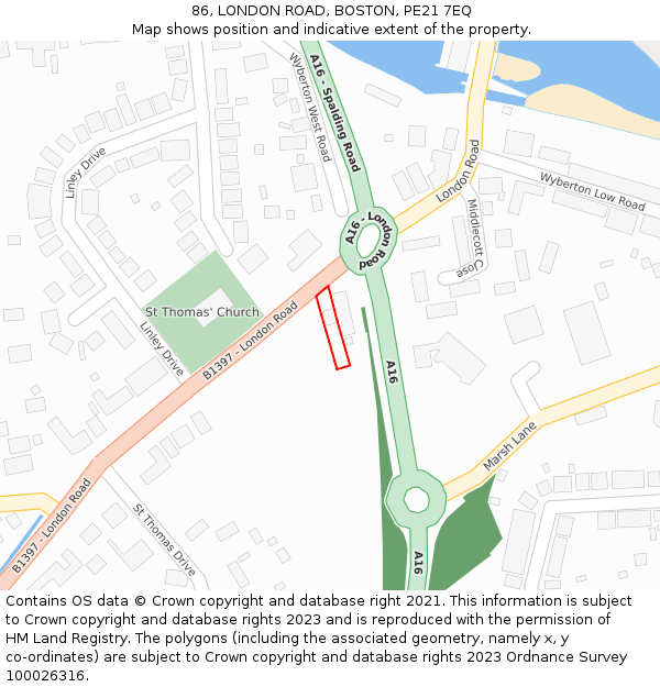 86, LONDON ROAD, BOSTON, PE21 7EQ: Location map and indicative extent of plot