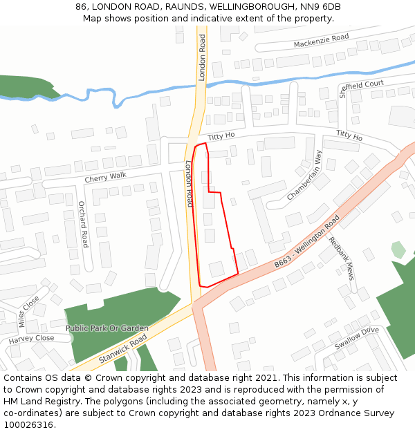 86, LONDON ROAD, RAUNDS, WELLINGBOROUGH, NN9 6DB: Location map and indicative extent of plot
