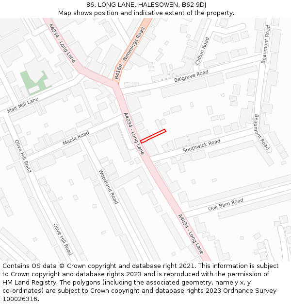 86, LONG LANE, HALESOWEN, B62 9DJ: Location map and indicative extent of plot