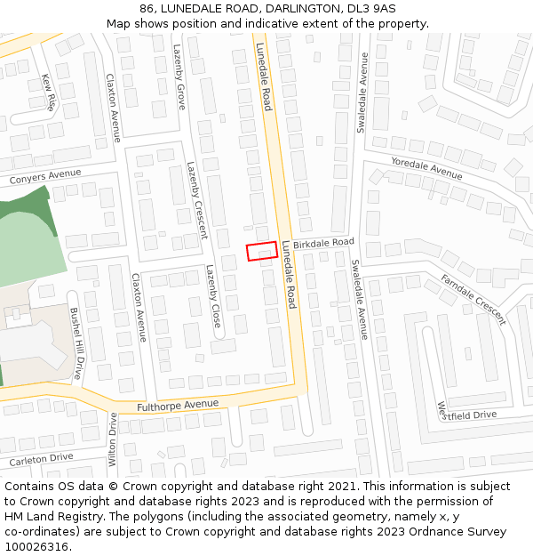 86, LUNEDALE ROAD, DARLINGTON, DL3 9AS: Location map and indicative extent of plot