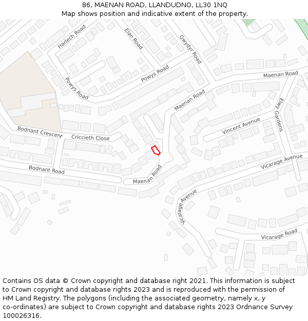 86, MAENAN ROAD, LLANDUDNO, LL30 1NQ: Location map and indicative extent of plot