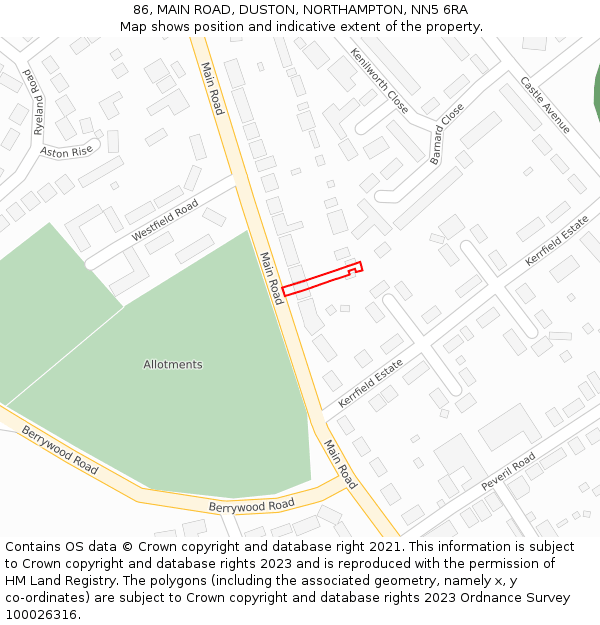 86, MAIN ROAD, DUSTON, NORTHAMPTON, NN5 6RA: Location map and indicative extent of plot