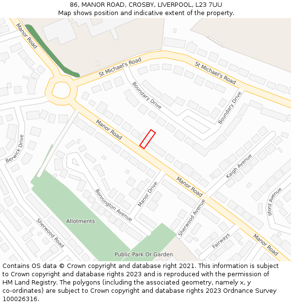 86, MANOR ROAD, CROSBY, LIVERPOOL, L23 7UU: Location map and indicative extent of plot