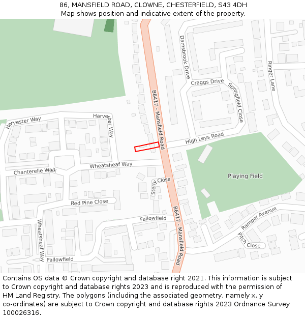 86, MANSFIELD ROAD, CLOWNE, CHESTERFIELD, S43 4DH: Location map and indicative extent of plot