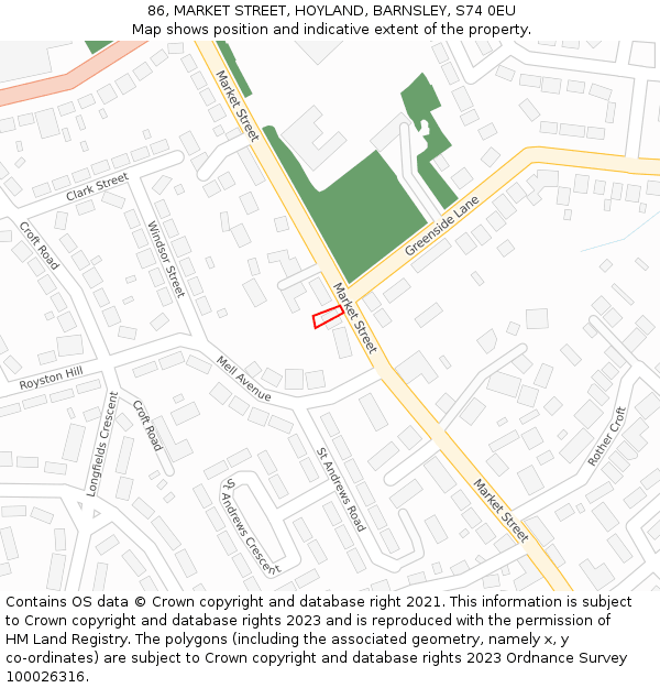 86, MARKET STREET, HOYLAND, BARNSLEY, S74 0EU: Location map and indicative extent of plot