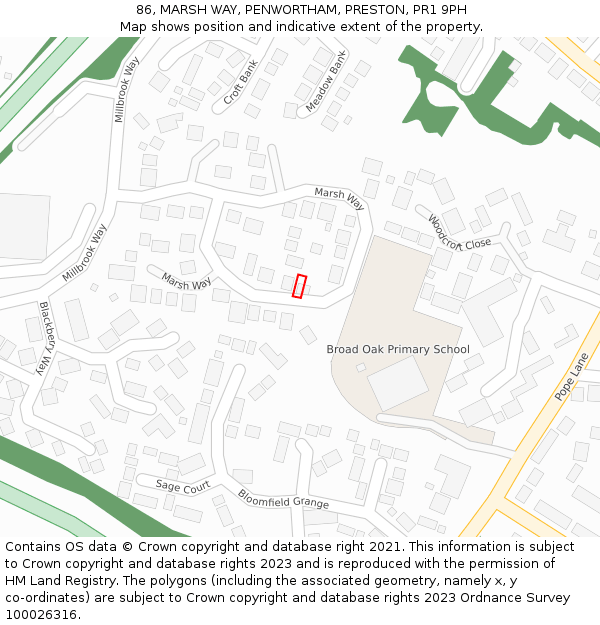 86, MARSH WAY, PENWORTHAM, PRESTON, PR1 9PH: Location map and indicative extent of plot