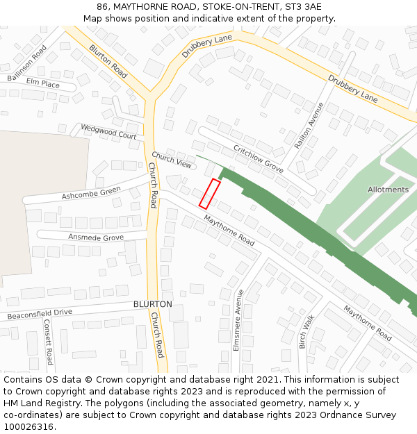 86, MAYTHORNE ROAD, STOKE-ON-TRENT, ST3 3AE: Location map and indicative extent of plot