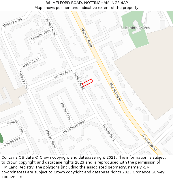 86, MELFORD ROAD, NOTTINGHAM, NG8 4AP: Location map and indicative extent of plot