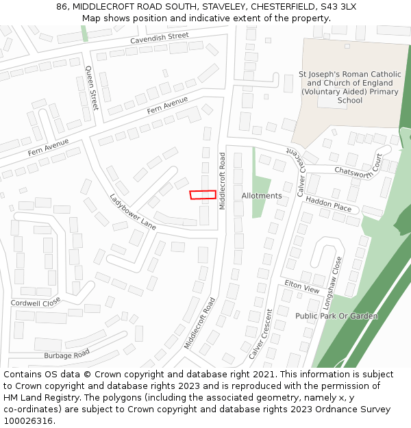 86, MIDDLECROFT ROAD SOUTH, STAVELEY, CHESTERFIELD, S43 3LX: Location map and indicative extent of plot