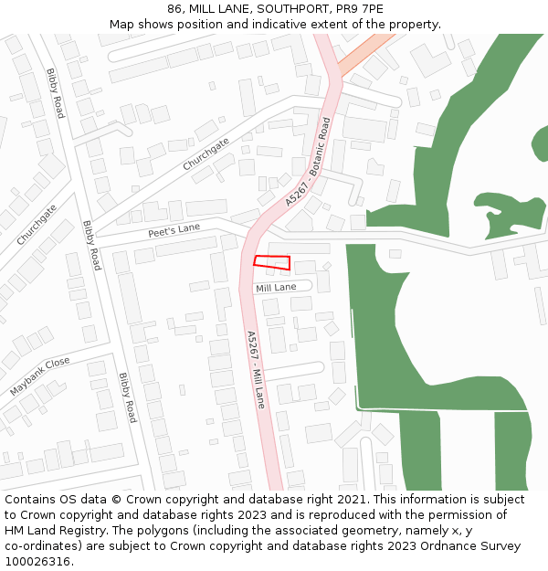 86, MILL LANE, SOUTHPORT, PR9 7PE: Location map and indicative extent of plot