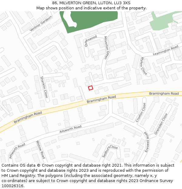 86, MILVERTON GREEN, LUTON, LU3 3XS: Location map and indicative extent of plot