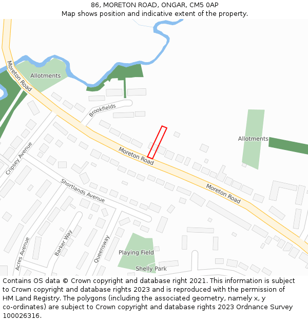 86, MORETON ROAD, ONGAR, CM5 0AP: Location map and indicative extent of plot