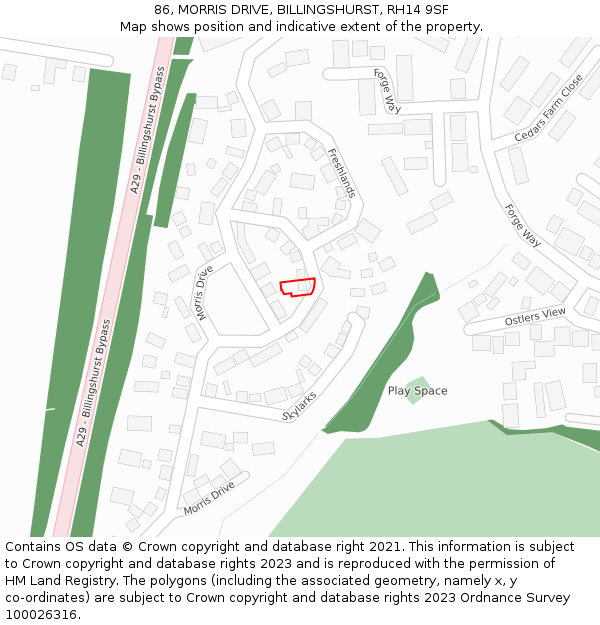 86, MORRIS DRIVE, BILLINGSHURST, RH14 9SF: Location map and indicative extent of plot