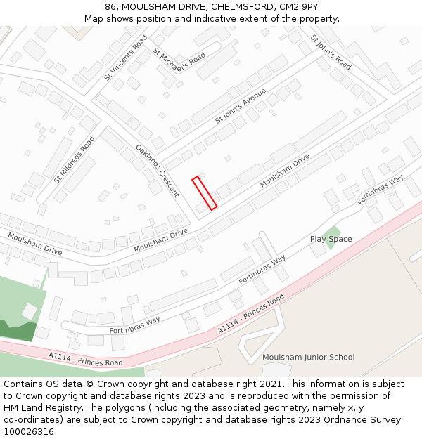 86, MOULSHAM DRIVE, CHELMSFORD, CM2 9PY: Location map and indicative extent of plot