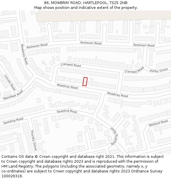 86, MOWBRAY ROAD, HARTLEPOOL, TS25 2NB: Location map and indicative extent of plot