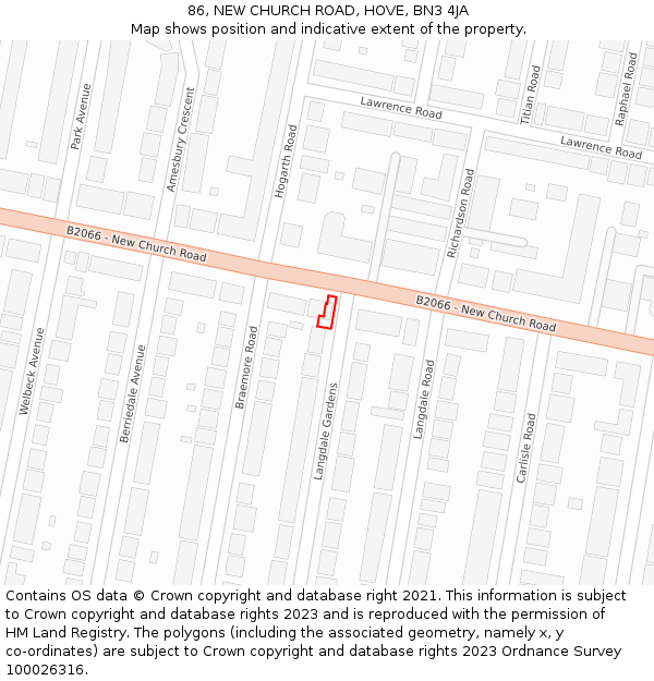 86, NEW CHURCH ROAD, HOVE, BN3 4JA: Location map and indicative extent of plot