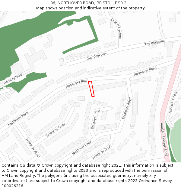 86, NORTHOVER ROAD, BRISTOL, BS9 3LH: Location map and indicative extent of plot