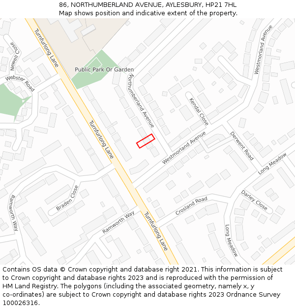 86, NORTHUMBERLAND AVENUE, AYLESBURY, HP21 7HL: Location map and indicative extent of plot