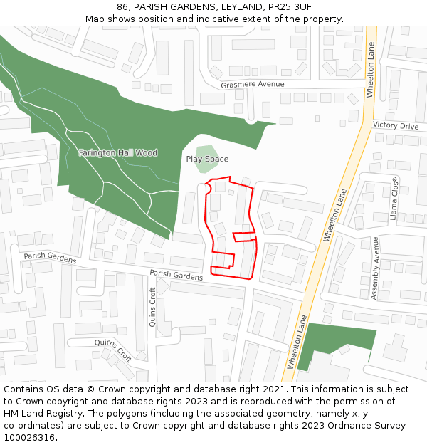86, PARISH GARDENS, LEYLAND, PR25 3UF: Location map and indicative extent of plot