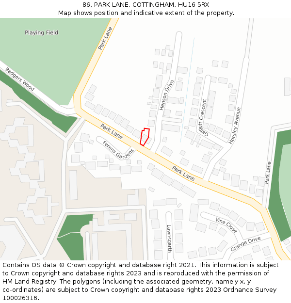 86, PARK LANE, COTTINGHAM, HU16 5RX: Location map and indicative extent of plot