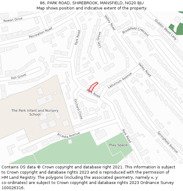 86, PARK ROAD, SHIREBROOK, MANSFIELD, NG20 8JU: Location map and indicative extent of plot