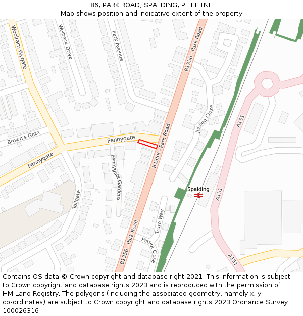 86, PARK ROAD, SPALDING, PE11 1NH: Location map and indicative extent of plot