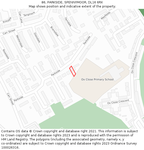 86, PARKSIDE, SPENNYMOOR, DL16 6RX: Location map and indicative extent of plot