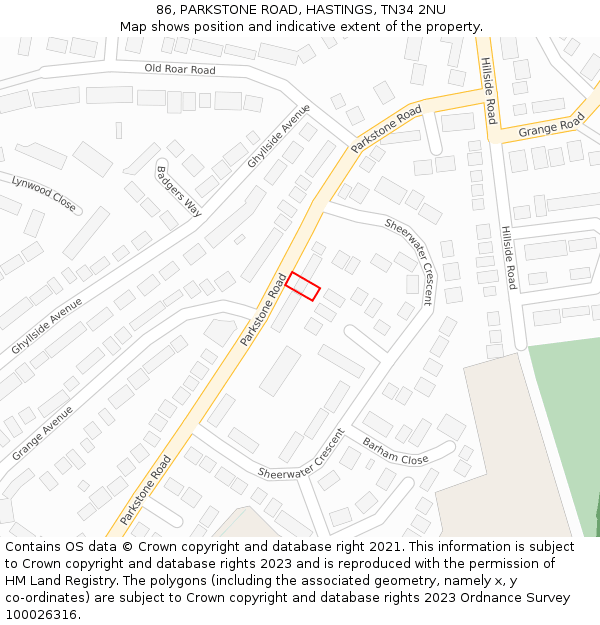 86, PARKSTONE ROAD, HASTINGS, TN34 2NU: Location map and indicative extent of plot