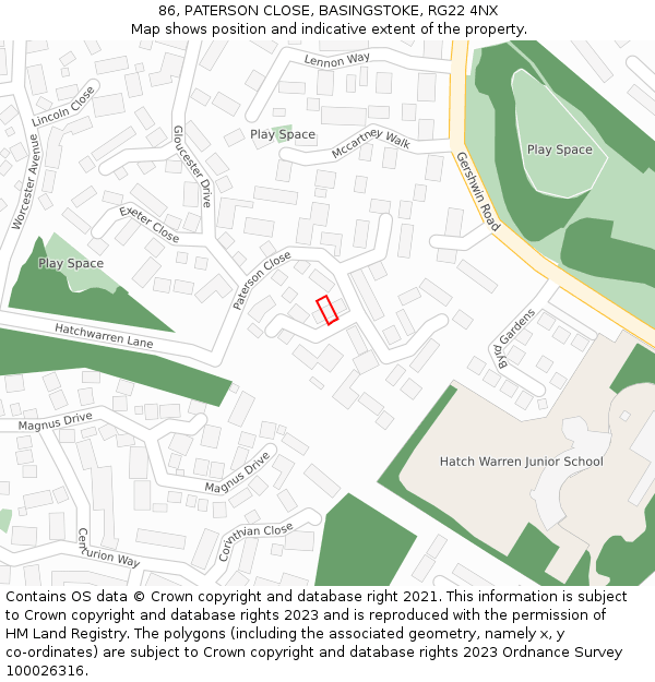 86, PATERSON CLOSE, BASINGSTOKE, RG22 4NX: Location map and indicative extent of plot